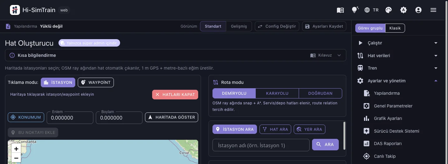 Hi-SimTrain web arayüzü: hat oluşturucu ekranı ve menü